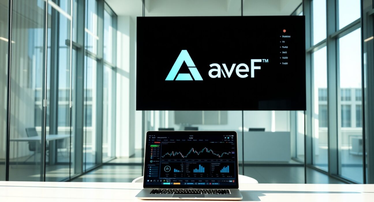 Kraken exchange office with Aave logo on digital display showing DeFi market data
