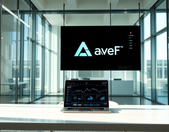 Kraken exchange office with Aave logo on digital display showing DeFi market data