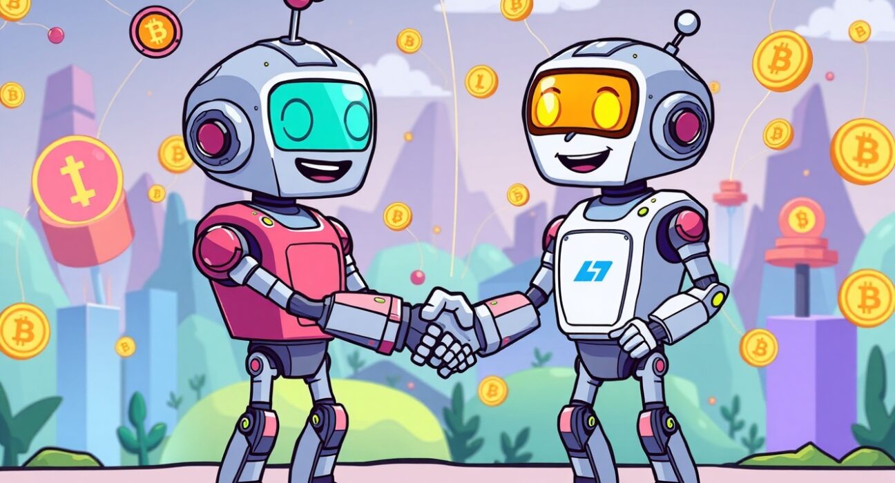 Kraken acquires Backed Finance in a strategic partnership to expand tokenization services, illustrated as two robots connecting.