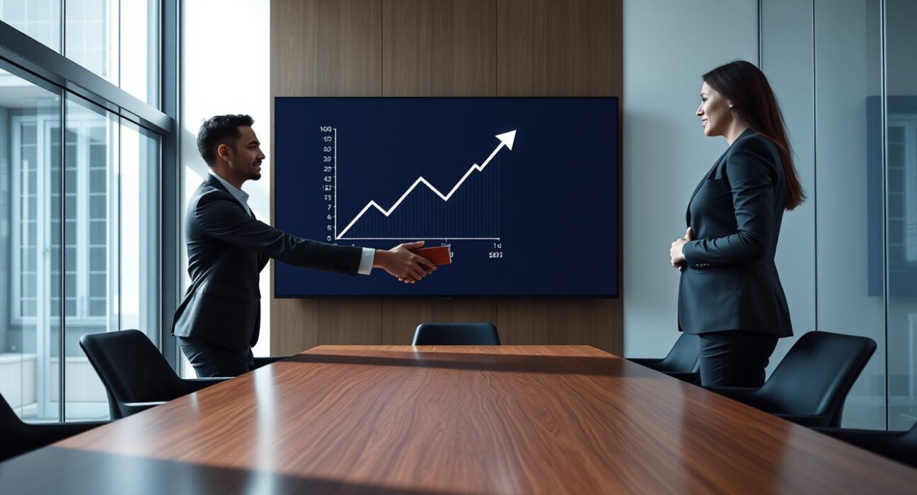 Kraken logo displayed in a modern conference room during a business acquisition handshake meeting.