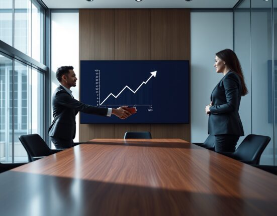 Kraken logo displayed in a modern conference room during a business acquisition handshake meeting.