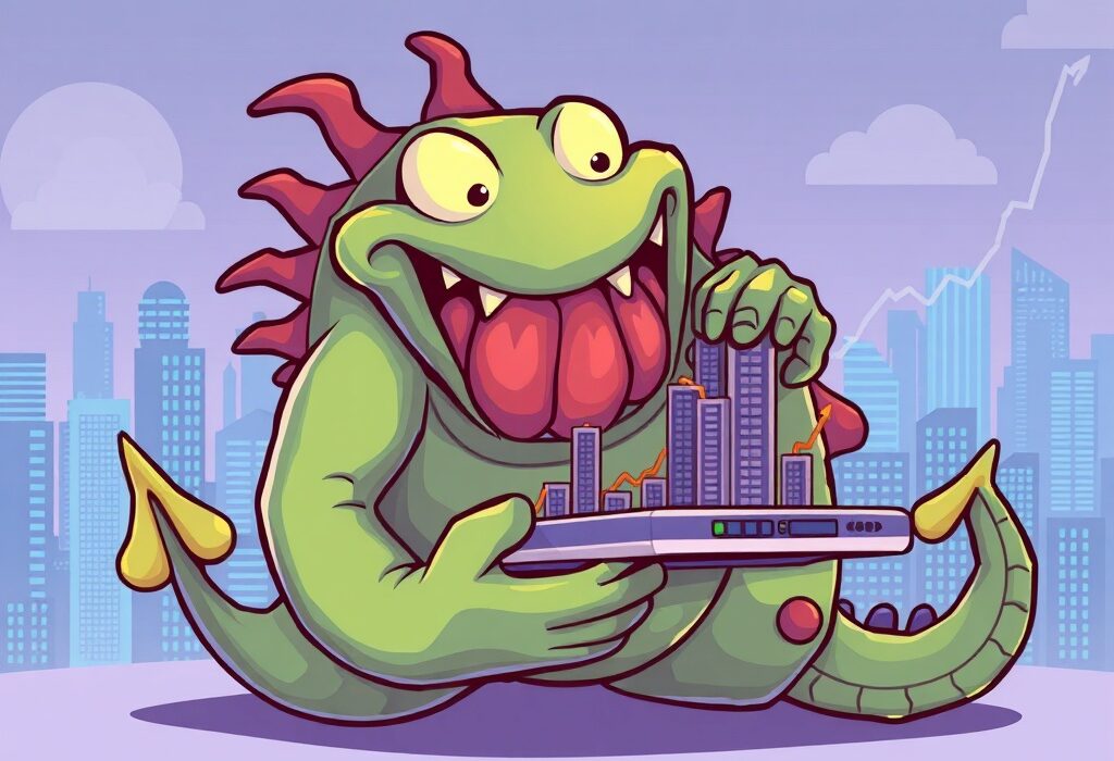 A cartoon kraken monster integrating a crypto trading platform, symbolizing the Kraken acquisition and its impact on the market.