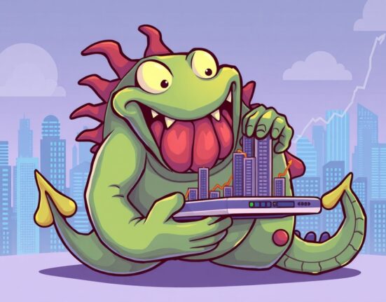 A cartoon kraken monster integrating a crypto trading platform, symbolizing the Kraken acquisition and its impact on the market.