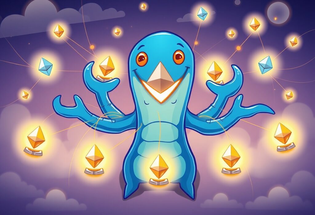 Cartoon Kraken secures Ethereum staking with advanced Decentralized Validator Technology, illustrating enhanced network resilience.