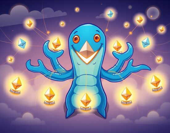 Cartoon Kraken secures Ethereum staking with advanced Decentralized Validator Technology, illustrating enhanced network resilience.