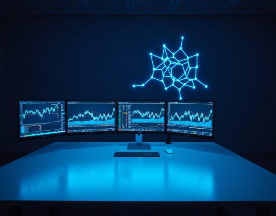 Modern trading desk with cryptocurrency charts and AI interface on monitors in a dimly lit office