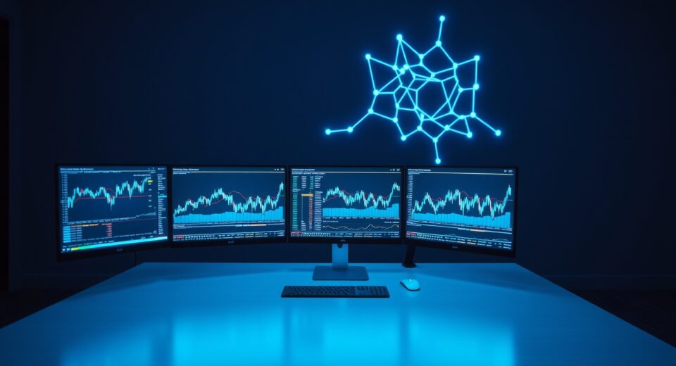 Modern trading desk with cryptocurrency charts and AI interface on monitors in a dimly lit office