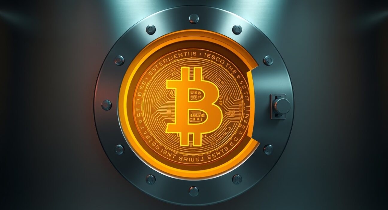 Kraken Bitcoin Vault with glowing Bitcoin symbol inside a modern vault door