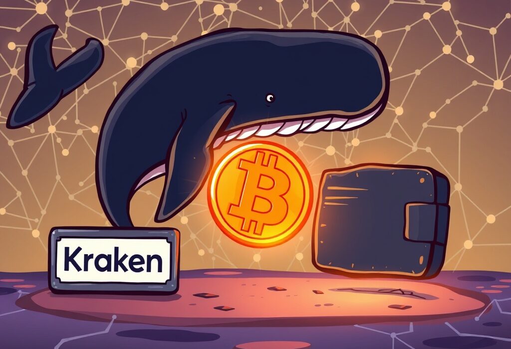 A cartoon illustration showing a significant Bitcoin whale transfer from Kraken, highlighting the movement of large crypto assets.