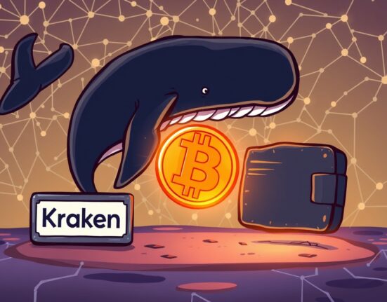 A cartoon illustration showing a significant Bitcoin whale transfer from Kraken, highlighting the movement of large crypto assets.
