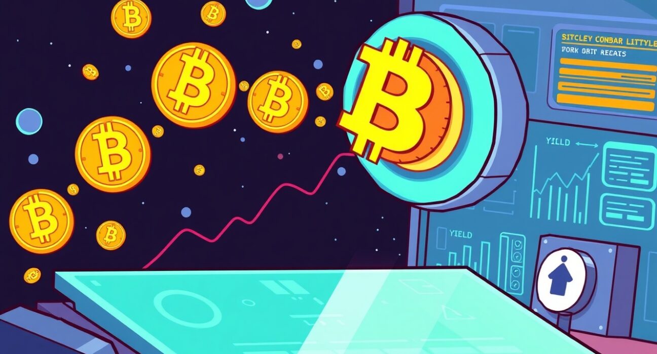 A cartoon illustration showing Kraken's new platform launching a Bitcoin yield protocol, offering users enhanced returns.