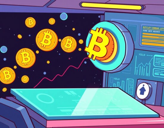 A cartoon illustration showing Kraken's new platform launching a Bitcoin yield protocol, offering users enhanced returns.