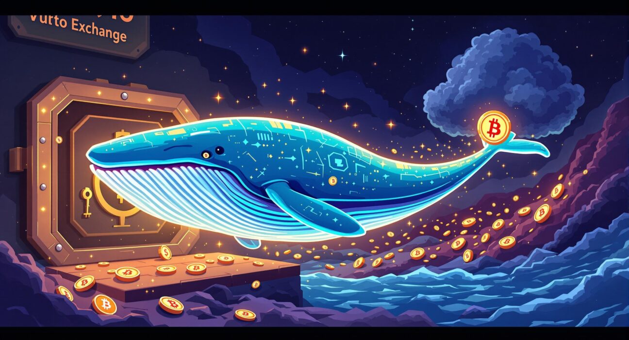 A cartoon whale represents a large BTC transfer from an exchange to an unknown, secure wallet, illustrating significant crypto movements.