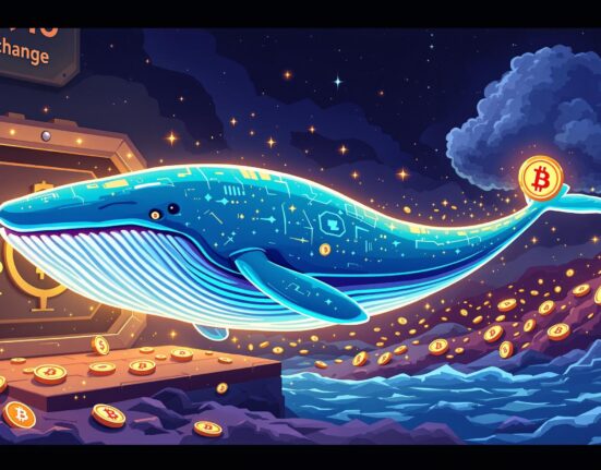 A cartoon whale represents a large BTC transfer from an exchange to an unknown, secure wallet, illustrating significant crypto movements.