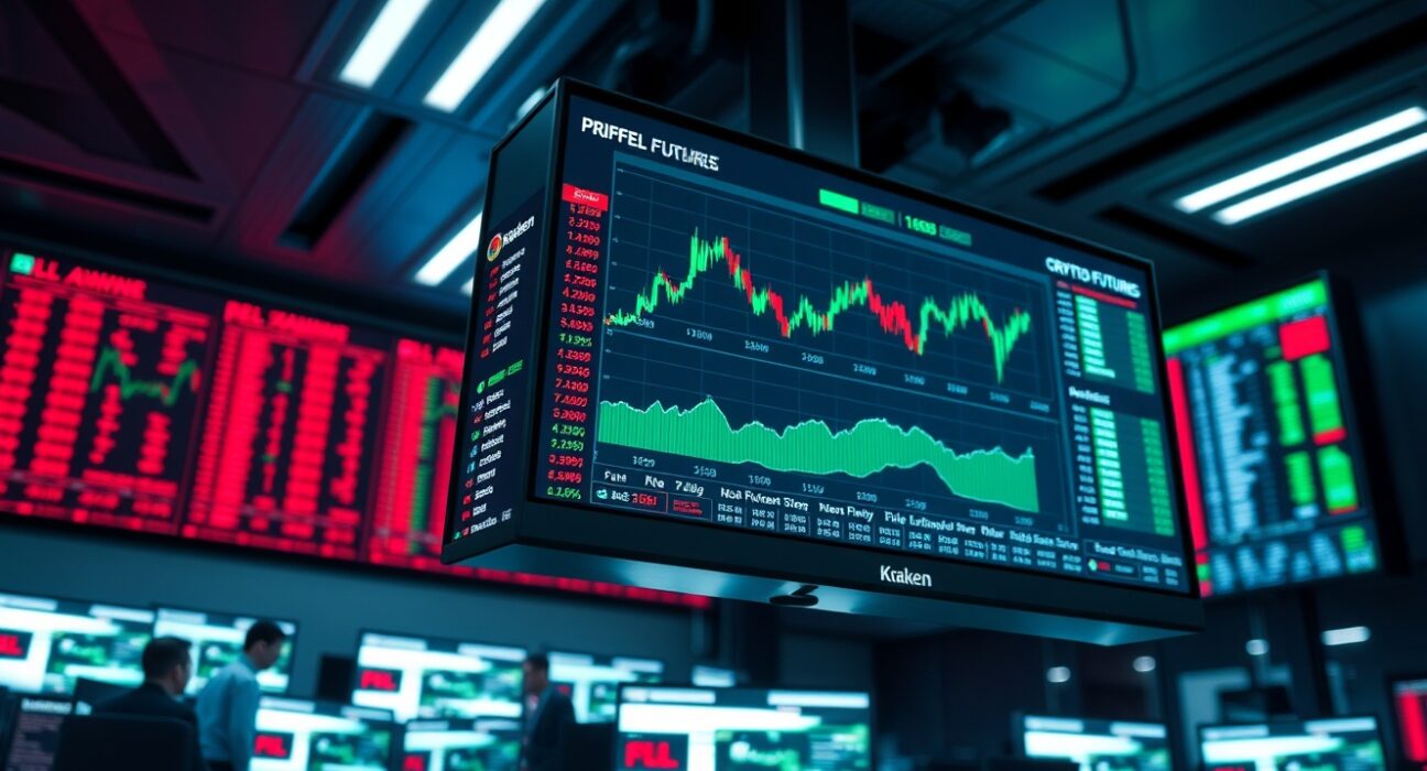 Kraken perpetual futures trading interface displayed on a monitor in a professional trading office
