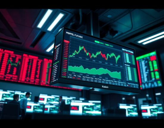 Kraken perpetual futures trading interface displayed on a monitor in a professional trading office