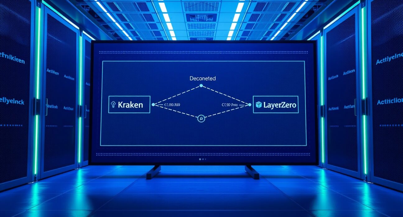 Digital network display showing Kraken and Chainlink CCIP nodes in a data center