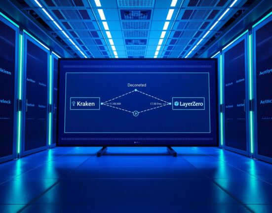 Digital network display showing Kraken and Chainlink CCIP nodes in a data center