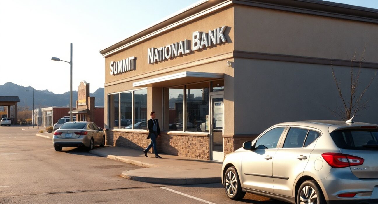 Exterior of Summit National Bank in Wyoming on a sunny morning