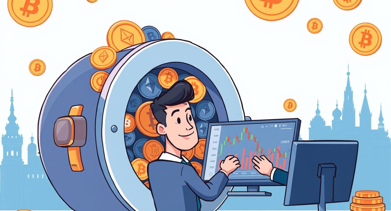 Cartoon illustration of a trader using Kraken crypto collateral for derivatives trading in Europe, symbolizing new financial opportunities.