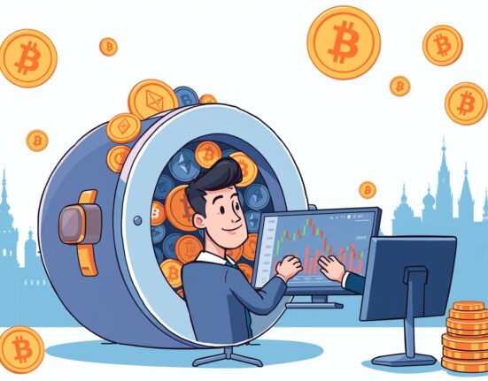 Cartoon illustration of a trader using Kraken crypto collateral for derivatives trading in Europe, symbolizing new financial opportunities.