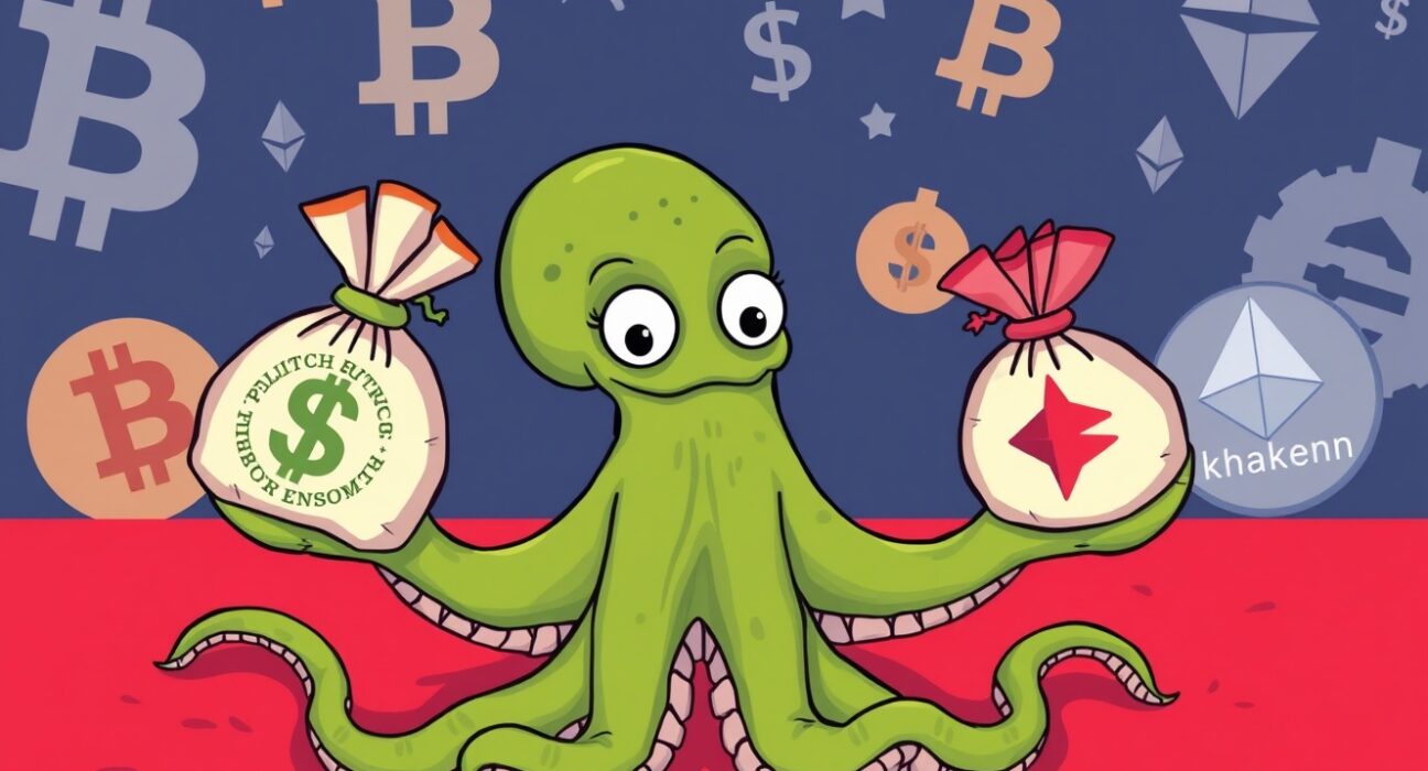 Cartoon illustration depicting Kraken's significant crypto PAC donation, highlighting its impact on digital political funding.