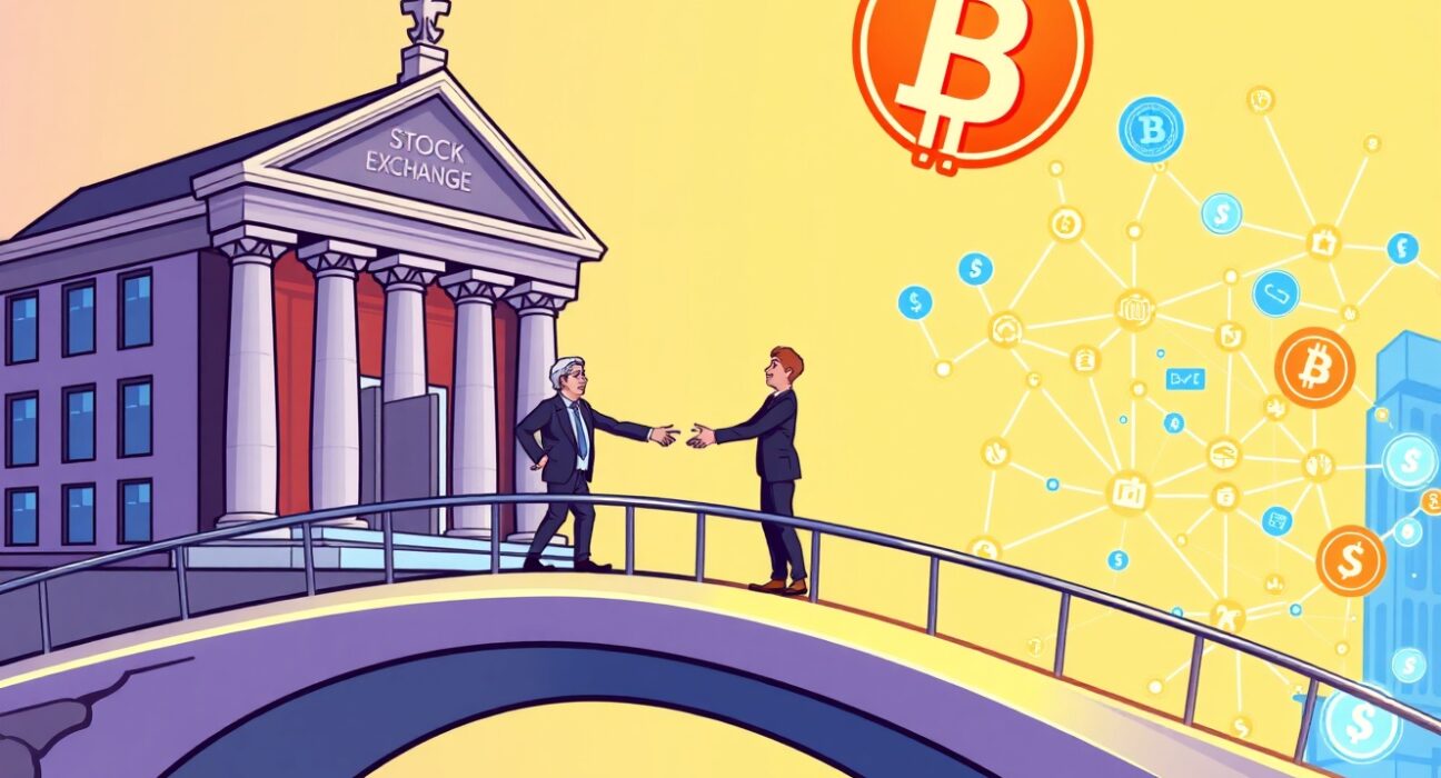 A vibrant illustration symbolizing the new institutional crypto access bridge between traditional finance and digital assets.