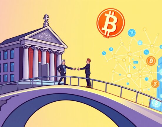 A vibrant illustration symbolizing the new institutional crypto access bridge between traditional finance and digital assets.