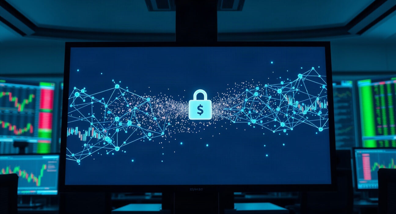 Digital screen showing blockchain transaction dust particles moving toward a wallet icon in a crypto exchange trading floor