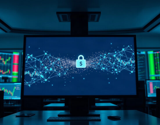 Digital screen showing blockchain transaction dust particles moving toward a wallet icon in a crypto exchange trading floor