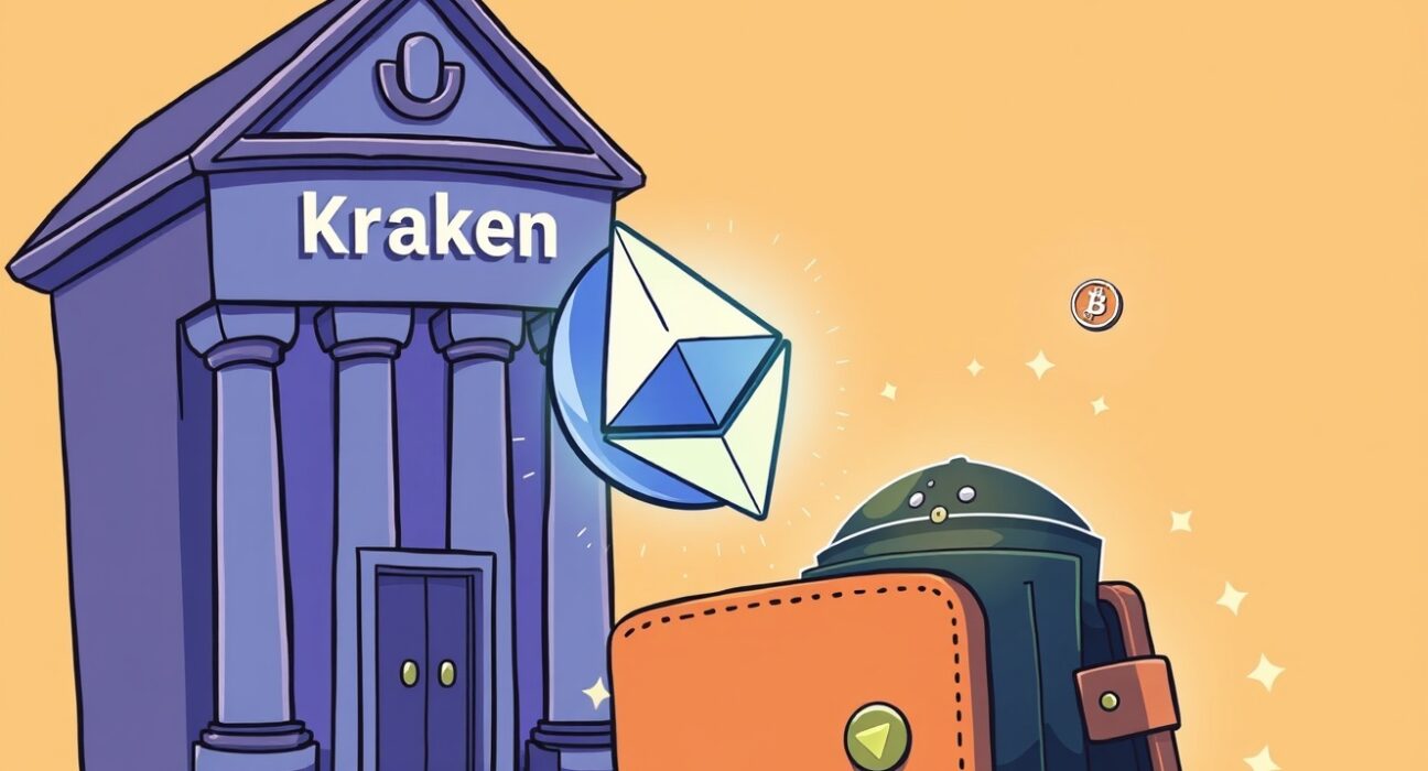 Cartoon illustration showing a significant Kraken ETH withdrawal from an exchange to a new wallet, indicating market movement.