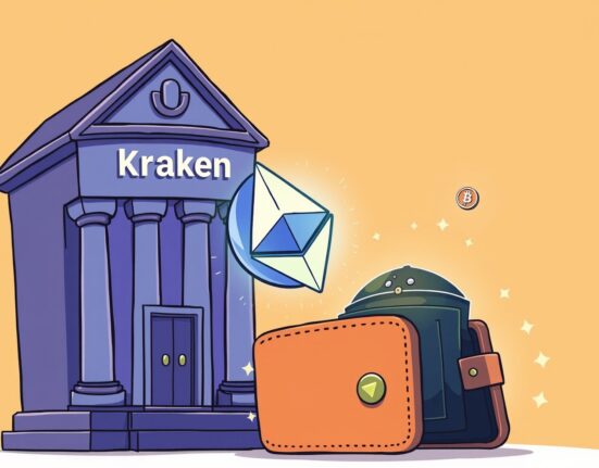 Cartoon illustration showing a significant Kraken ETH withdrawal from an exchange to a new wallet, indicating market movement.