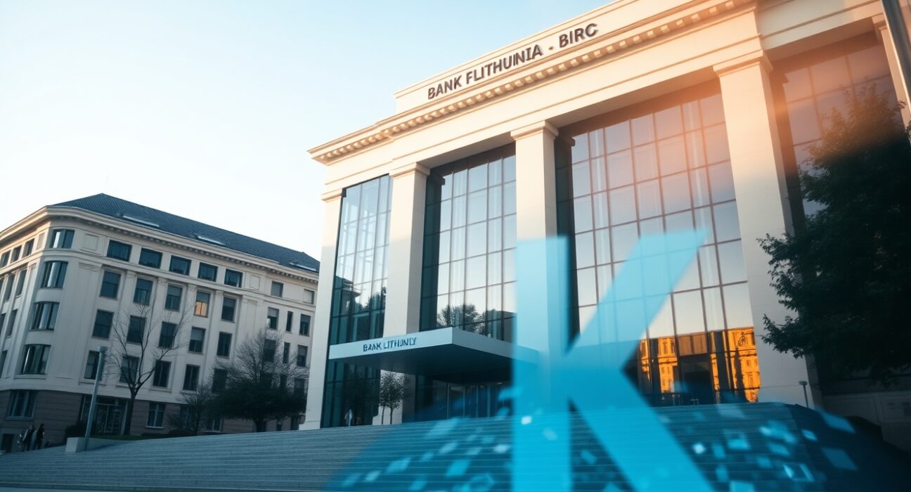 Exterior of the Bank of Lithuania building in Vilnius with a subtle digital reflection, representing Kraken's pursuit of a banking license.