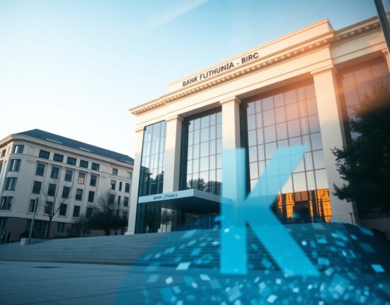 Exterior of the Bank of Lithuania building in Vilnius with a subtle digital reflection, representing Kraken's pursuit of a banking license.