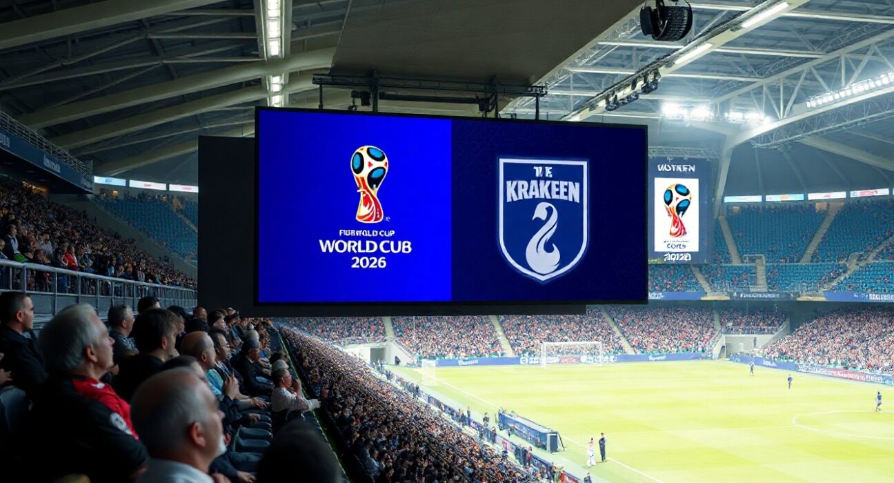 FIFA World Cup 2026 stadium with Kraken and FIFA logos on digital scoreboard