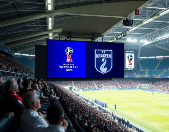 FIFA World Cup 2026 stadium with Kraken and FIFA logos on digital scoreboard
