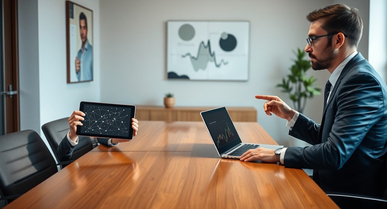Two professionals in a modern meeting room discussing blockchain and financial data on tablets and laptops.
