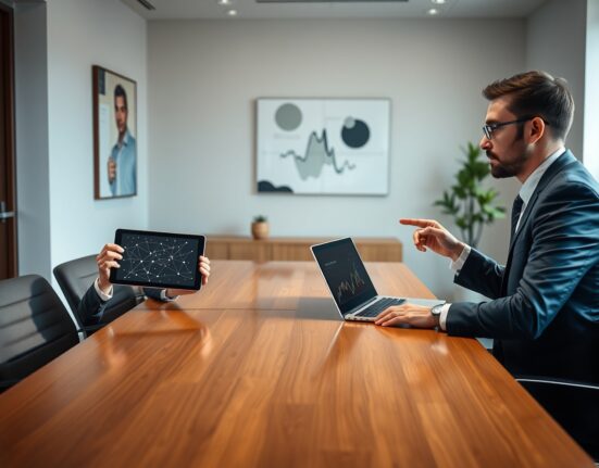 Two professionals in a modern meeting room discussing blockchain and financial data on tablets and laptops.