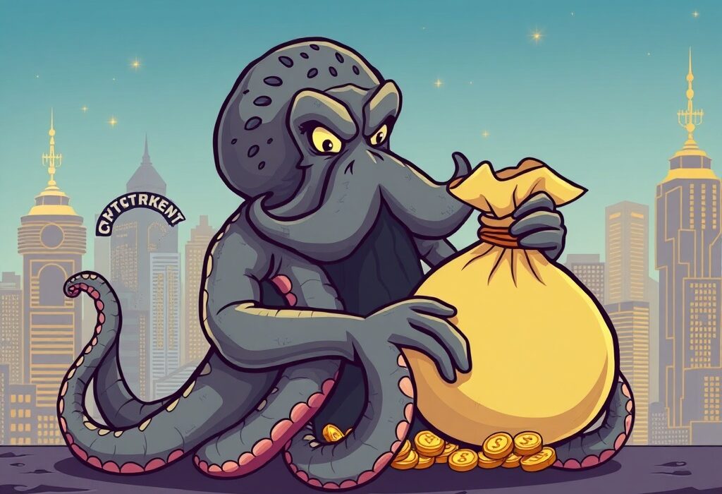 A vibrant cartoon illustration of a powerful kraken holding a large bag of money, symbolizing Kraken's ambitious funding round and market ambition.