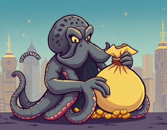 A vibrant cartoon illustration of a powerful kraken holding a large bag of money, symbolizing Kraken's ambitious funding round and market ambition.