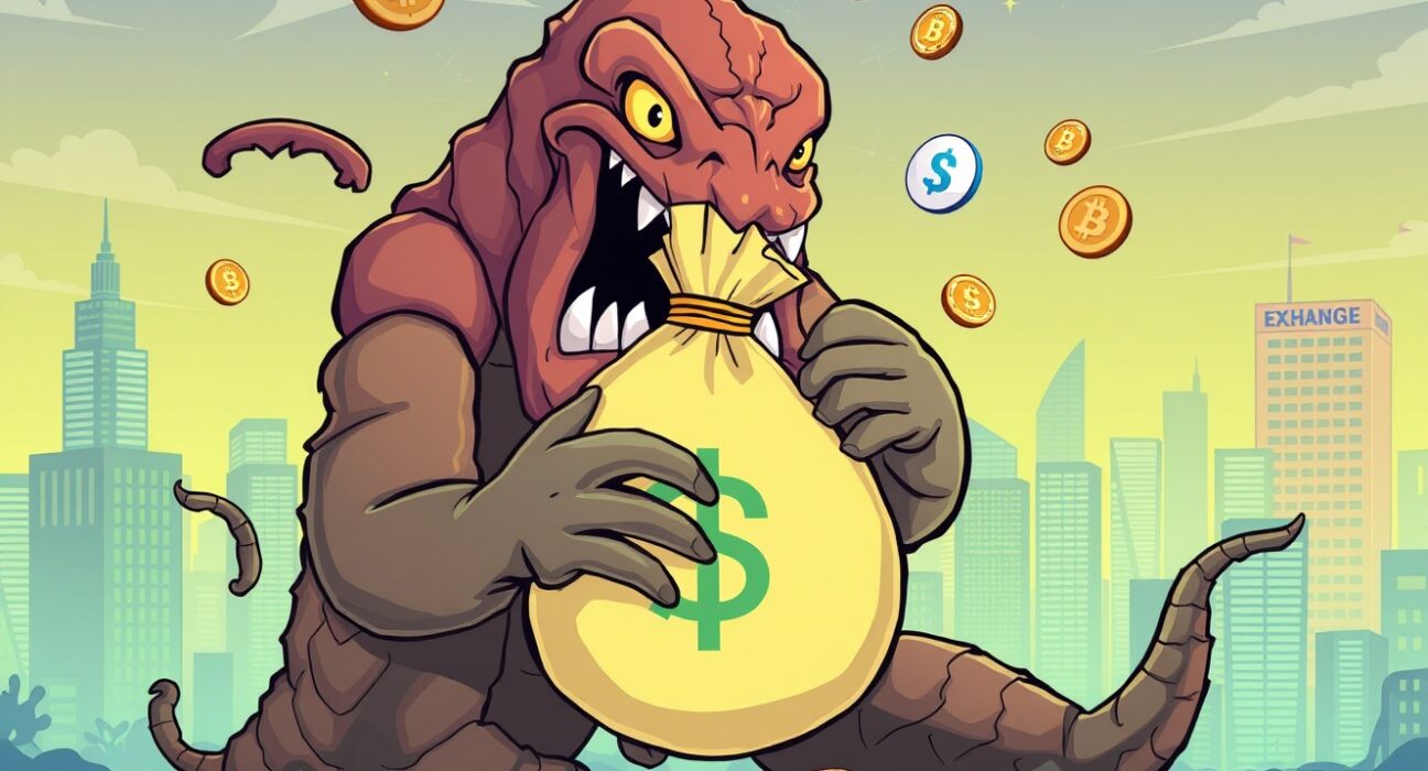A cartoon Kraken holding a large sum of money, representing the significant Kraken funding round and its impressive $15B valuation.