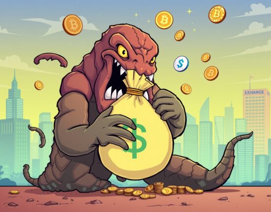 A cartoon Kraken holding a large sum of money, representing the significant Kraken funding round and its impressive $15B valuation.