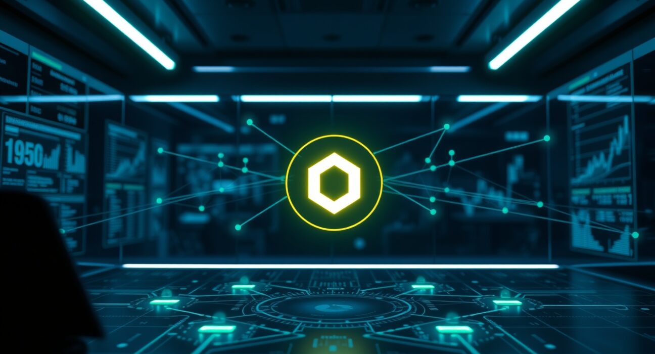 Digital interface showing blockchain network with Chainlink oracle integration symbolizing security upgrade for DeFi lending protocol.