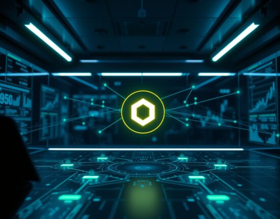 Digital interface showing blockchain network with Chainlink oracle integration symbolizing security upgrade for DeFi lending protocol.