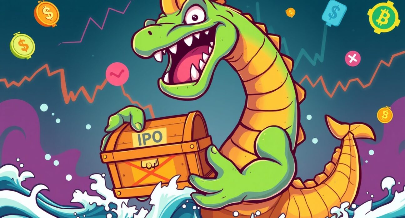 Confident kraken emerging with IPO treasure in cryptocurrency ocean