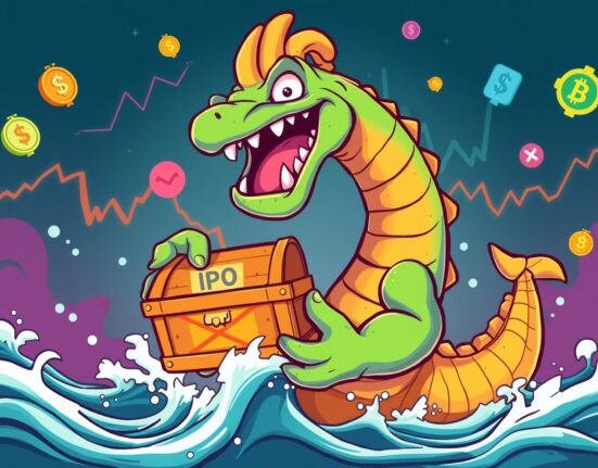 Confident kraken emerging with IPO treasure in cryptocurrency ocean