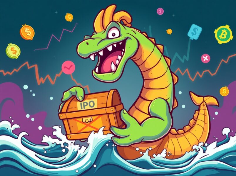 Confident kraken emerging with IPO treasure in cryptocurrency ocean