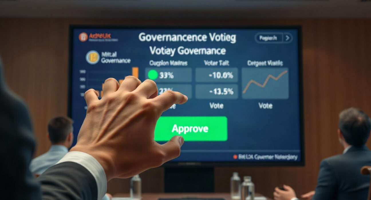 Hand casting a vote on a digital governance screen with Solana branding, representing the passing of SGP-0002.