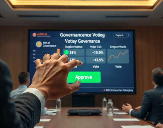 Hand casting a vote on a digital governance screen with Solana branding, representing the passing of SGP-0002.