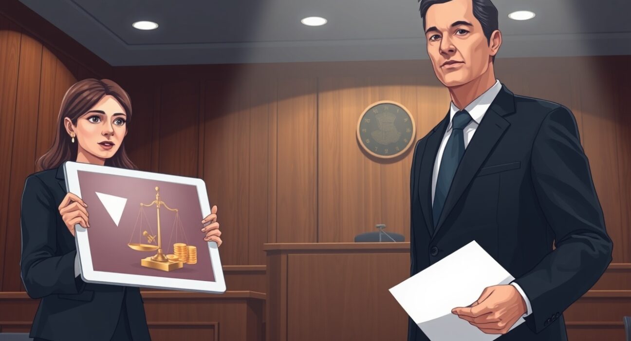 Kraken lawsuit courtroom scene with lawyer and legal assistant representing the exchange against Etana custody fraud